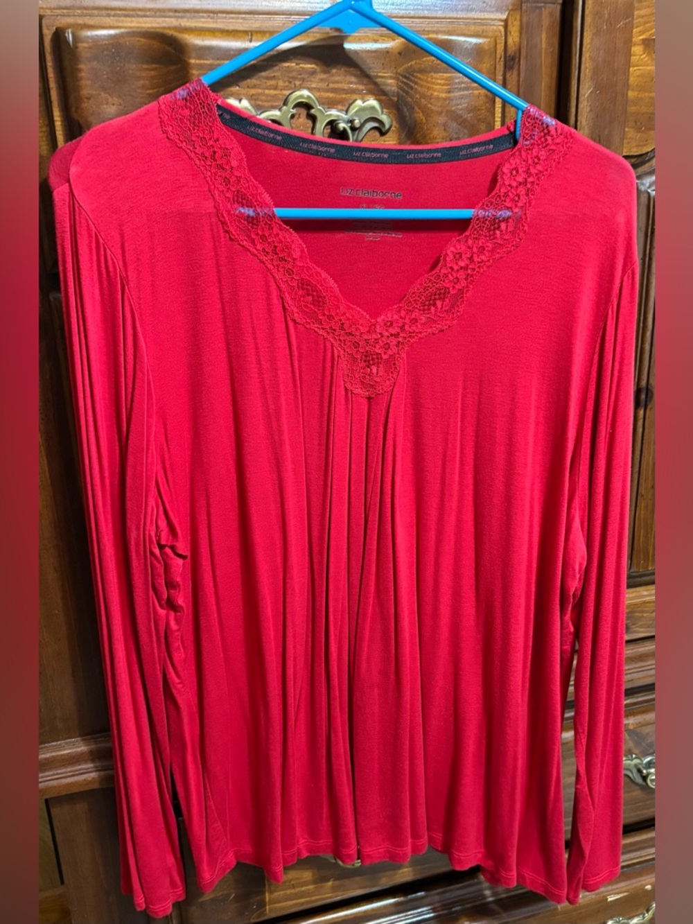 Liz Claiborne Bright Red Lace-Trim Long Sleeve Top